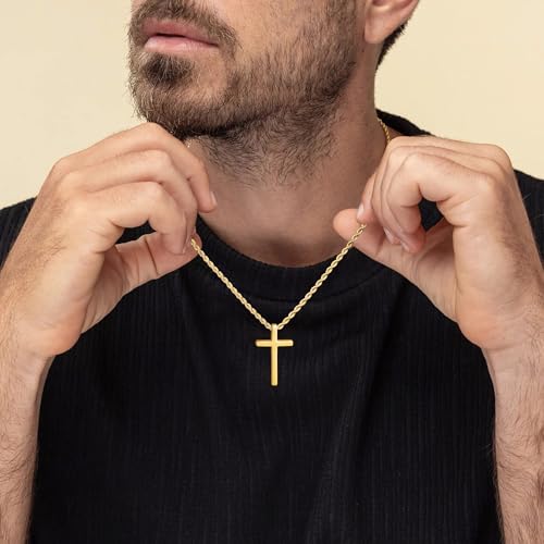 LUXEJEW Cross Necklace for Men Boys, Silver/Gold/Black Stainless Steel Rope Chain Cross Pendant Necklace Jewelry Mens Gifts 16-24 Inch3