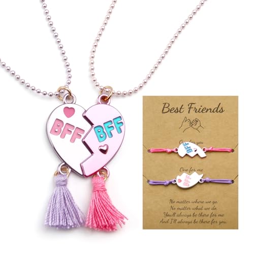 BFF Necklace and Bracelet Set for 2 – Matching Heart Pendant Jewelry Gift for Women, Best Friends, Sisters, and Teens (Purple & Pink)