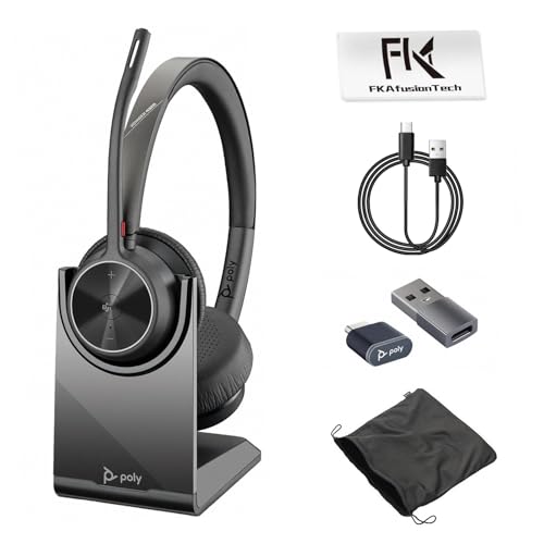 FKAfusiontech Poly Voyager 4320 UC Wireless Headset & Charge Stand - Connects to PC/Mac/Mobile Phone via Bluetooth with USB-C to A Adapter & USB C Dongle & USB A-C Cable & Storage Bag and Fiber Cloth