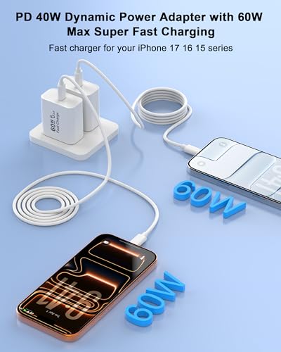 Image of iPhone 17 Pro Max Charger Fast Charging, 40W Dynamic Power Adapter with 60W Max Charger Block & 10FT Long Type C Charging Cable Cord Compatible for iPhone 17 /Air /17 Pro /17 Pro Max /16 15 Pro Max