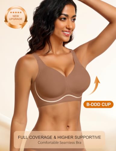 SWOMOG Wireless Seamless Jelly Bra for Women No Underwire Full Coverage Bras V Neck Push Up Soft Supportive Bralette, Coffee, XX-Large — view 2