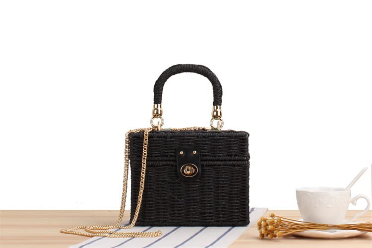 Sac de plage en paille fait à la main pour femme - Sac fourre-tout en rotin tressé - Sac de vacances bohème, noir