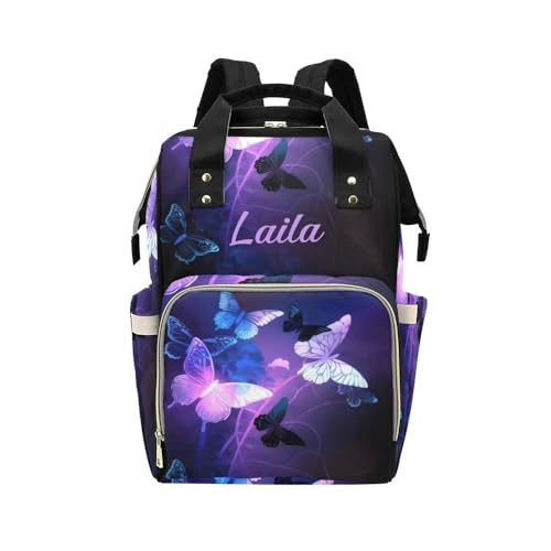XOZOTY Fantasy Purple Butterfly Diaper Bags Backpack with Name Personalized Baby Bag Nursing Nappy Bag Travel Tote Bag Gifts