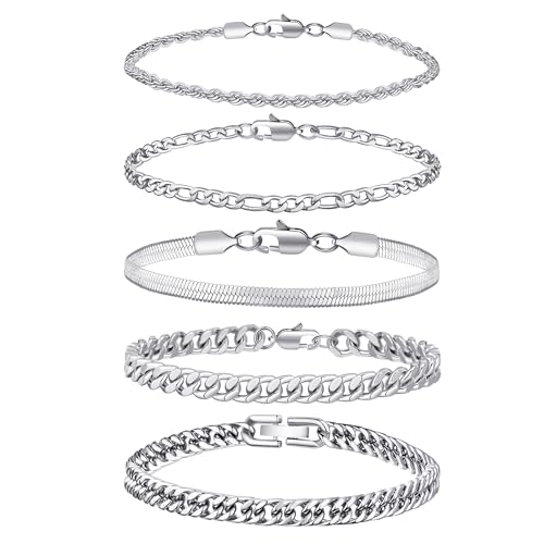 RANKEEF 5PC Chain Bracelet for Men - Stainless Steel Figaro Rope Cuban Link Set 7.5/8.3/9 Inches Mens Silver Bracelet- Gifts for Dad, Husband, Boyfriend