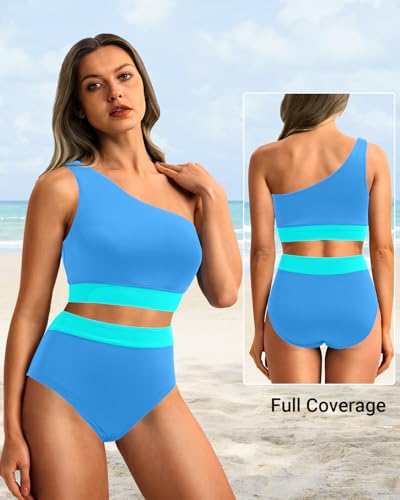 Image of Holipick Women One Shoulder High Waisted Bikini Sets Two Piece Swimsuit Tummy Control Bathing Suit Full Coverage Swimwear