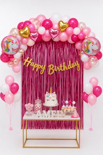 Image of AMFIN (Pack of 43) Unicorn Theme Birthday Decoration Kit Metallic Finish Women Girls Item Pink Multi Head Rainbow
