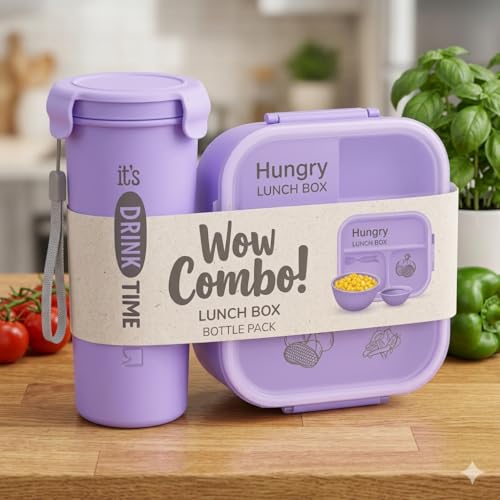Image of Hungry Lunch Box with Water Bottle | Leakproof 3 Compartment Tiffin Box with Spoon, Fork & Sauce Container | BPA Free Food Grade Plastic | Microwave & Dishwasher Safe Lunch Box for School (Purple)