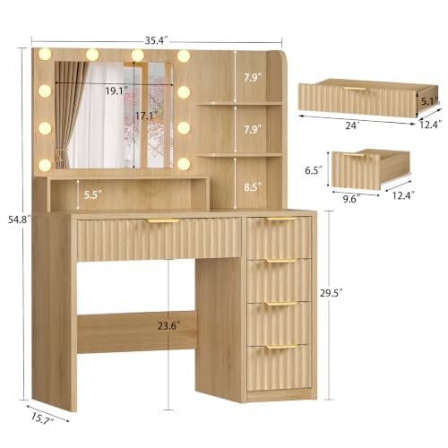 Image of FIONESO Vanity Desk with Mirror and Lights, Makeup Vanity with 5 Drawers & Storage Shelves, 3 Color Modes & Adjustable Brightness, Fluted Vanity for Girls, Natural