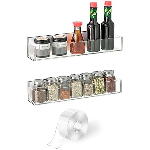 VAEHOLD Adhesive Acrylic Spice Rack with Nano Double Sided Tape Wall Mount Organizer Clear Wall Spice Rack With Shelf Ends for Kitchen Cabinet Door - 2 Pack 11 4/5‘’ Shelves Cover