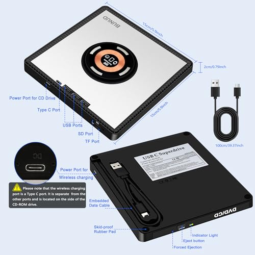 Image of BUNUD External CD /DVD Drive for Apple: USB 3.0 USB-C DVD Burner Player for Laptop Windows 11 with 3 USB and TF /SD Slots Slim Portable Disc Drive with 15W Fast Charger USB Superdrive for Mac Macbook PC