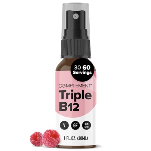 Complement Vegan Vitamin Triple B12 Liquid Spray- 1500 mcg Blend (60 Servings) Raspberry Flavor-...