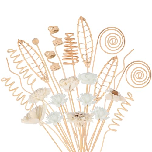 Queekay 32 Pcs Reed Diffuser Sticks Set Include 21pcs Natural Rattan Wood Beads, 11 Style Fragrance Diffuser, Rattan Reed Fragrance Replacement for Home(Wooden Color)