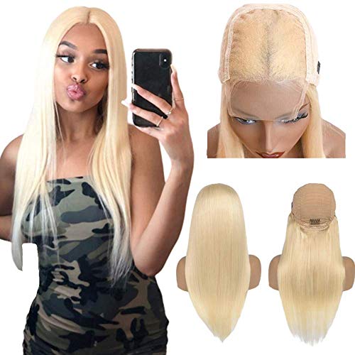 Biena Lace Front Human Hair Wigs for Women Bleached Knots 613 Blonde 150% Density Straight Peruvian Virgin Hair 4X4 Lace Closure Wig Pre Plucked 24 Inches Long