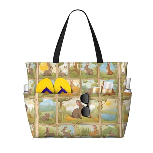 Hfderw Bolsa de transporte con diseño de animales de dibujos animados, conejo, playa, gran capacidad, plegable, para mujer, para viajes a la piscina, Negro , talla única