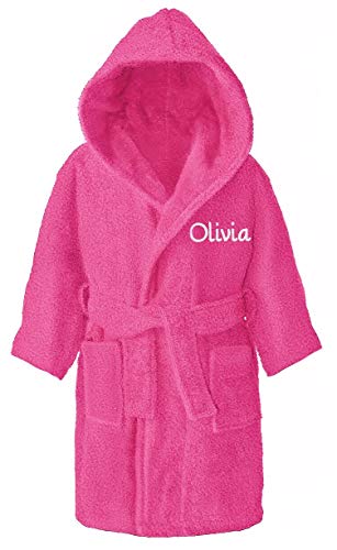 Personalised Children's Hooded Toweling Bathrobe Kids Dressing Gown 4-12 Years (Fuchsia, 4-6 Years)