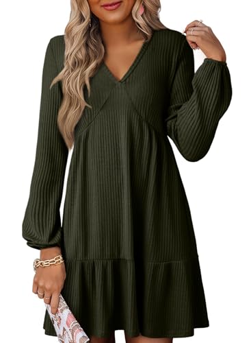 Image of Dokotoo Womens Dresses Long Sleeve V Neck Lightweight Ribbed Knit Empire Waist Casual A Line Swing Mini Dress