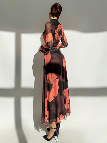Image of Women's Bodycon Maxi Dress Fall Spring Fashion Long Sleeve Floral Print Tight Fitted Party Club Ruched Dresses