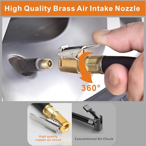 Image of Tire Inflator with Pressure Gauge (0-220 PSI) Heavy Duty Air Chuck and with with Rubber Hose Compressor Accessories and Quick Connect Coupler Applications Car RV Truck Motorcycle Bicycle