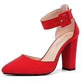 Huntarry Women Chunky Block High Heels Closed Pointed Toe Pumps Ankle Strap Suede Sandals