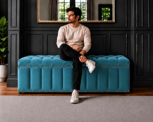 Image of Tufted Velvet Storage Ottoman Bench with Nailhead Trim (Teal) | Velvet Storage Ottoman Bench