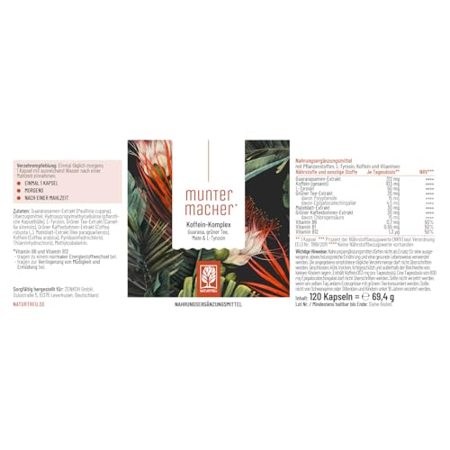 Guarana Kapseln mit Mate, Grüner Tee, Grüner Kaffee, L-Tyrosin & B-Vitaminen - Über 100mg Koffein - Koffeintabletten vegan & natürlich - Muntermacher 120 Koffein Kapseln hochdosiert