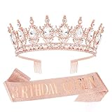 Vovii Birthday Crown & Sash Set for Women, Rose Gold Rhinestone Tiara & Queen Sash for Birthday Party Decorations