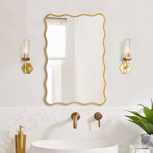 Image of Gold Wavy Bathroom 20x30 Rectangle Scalloped Farmhouse Wall Mirror