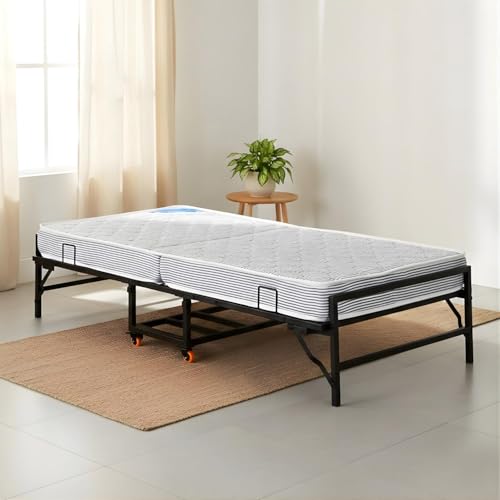 Image of Nilkamal Zoe Metal Folding Bed with 6 Inch Single Size Mattress | Space Saving Portable Rollaway Bed with Lockable Wheels| Ideal for Homes, Guest Rooms, Hostels and Dorms | Black