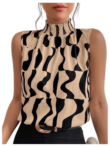 Floerns Women's Geo Print Sleeveless Vest Frill Trim Mock Neck Elegant Blouse Tops