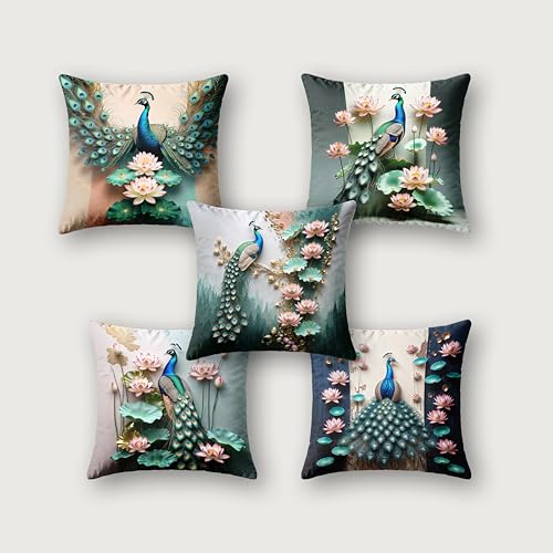 Image of Ultimate Trends Digital Printed Soft Cotton Feel Polyester Decorative Cushion Cover, Modern Eligent Designs, Heavy Long Life Fabric,18 inch X 18 inch Set of 5,Green Peacock