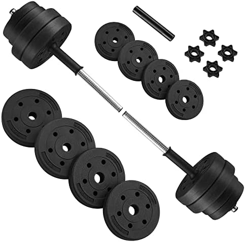 SONGMICS 2-in-1 Dumbbells Set, 2 x 15 kg Adjustable Dumbbells with Extra Barbell Bar, Plastic-Coated Weight Plates, Fitness Exercise, Home Gym, Black SYL30HBK