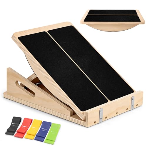 Vyranut 2-in-1 Wooden Slant Board & Balance Board, Adjustable Incline Board (15°–35°) with 5 Resistance Bands, Foldable Non-Slip Calf Stretch Board for Home Gym, Mobility & Balance Training