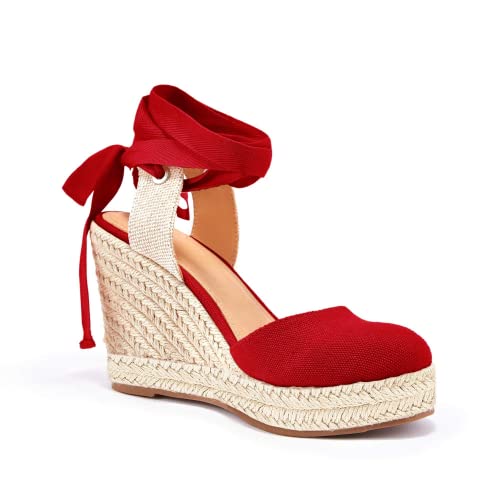 Image of Nailyhome Women's Espadrille Wedge Sandals Closed Toe Lace Up Platform Ankle Wrap Summer Casual Shoes