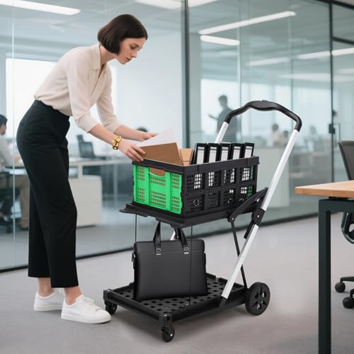 Image of Foldable Shopping Cart, 1 Storage Crate, 2 Tier Collapsible Utility Cart