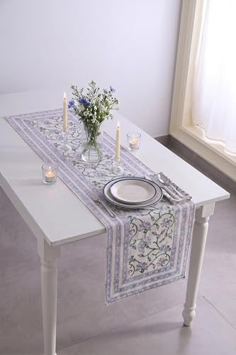 Image of Ravaiyaa - Attitude is everything Cotton Hand Block Printed Table Runner Bed Runner Table Decor (White Floral)