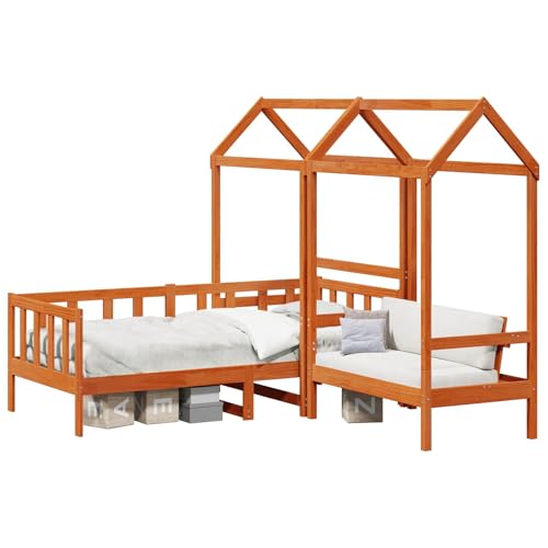 Mokuyary Juego de cama de 3 piezas, color marrón cera, marco de cama de pino macizo, cama con somier, plataforma, marco de cama sin colchón, fácil montaje para dormitorio, habitación de invitados