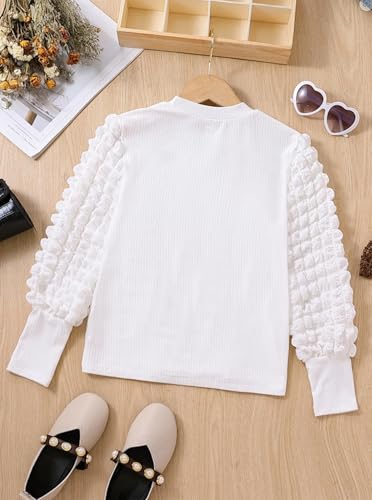 Girls Lantern Sleeve Ribbed Tops Cute Crewneck Shirts Pullover Knit Undershirt2