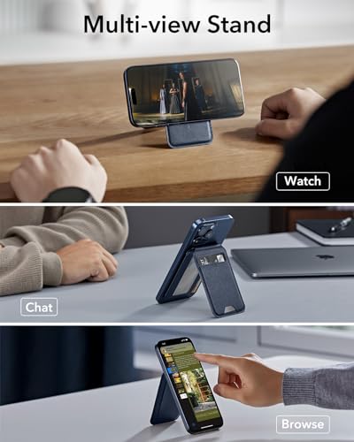 Image of ESR Magnetic Wallet, Compatible with MagSafe, for iPhone with Adjustable Stand, 3 Card Holder, Vegan Leather, Dark Blue