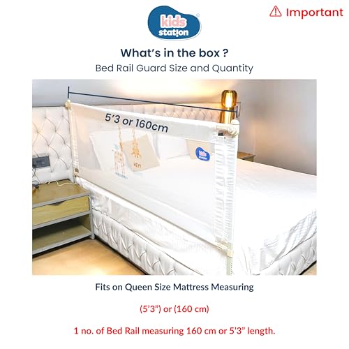 Image of Kids Station 1 Side Premium Bed Rail Guard (5.3ft x 2.6ft / 150x80cm), Bed Railing for Baby Safety, Kids Toddler Bed Protector Side Walls, Adjustable Height, Portable & Foldable (White)