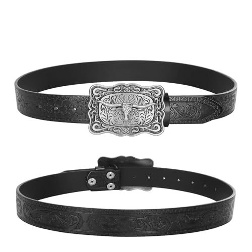 Image of UTOWO Western PU-Leather Cowboy Buckle Belt for Men and Women Jeans Engraved Floral Longhorn Bull Buckle Belt (25-38 inch waist)