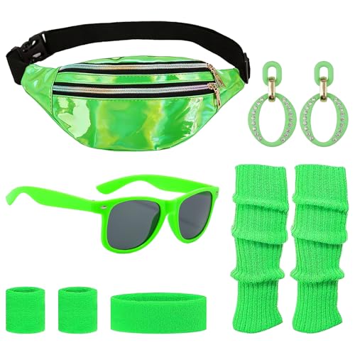 Vbxvsa 80er Jahre Outfit Damen Komplett-Set | Neon Aerobic Kostüm Grün mit Bauchtasche, Stirnband, Legwarmers & Sonnenbrille | Retro 80er Party Kostüm für Karneval & Halloween
