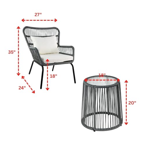 Image of LOCCUS 3-Piece Patio Bistro Set - Outdoor Woven Rope Balcony Furniture with Glass Top Table & Cushioned Chairs for Backyard, Balcony, Porch & Lawn (Beige & Cream) Comfortable Outdoor Seating Suitable