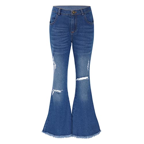 iiniim Teens Girls High Waisted Flared Denim Pants Slim Fit Ripped Holes Jeans Washed Bell Bottom Casual Wear