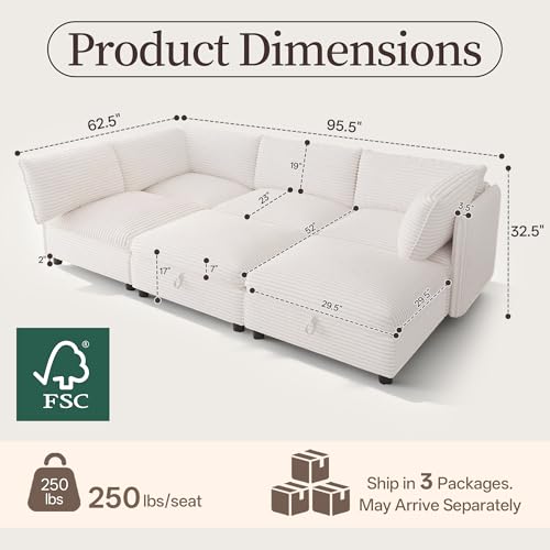 Image of Oversized Corduroy Modular Sectional Sofa Bed with Hidden Storage, Convertible L U Sleeper Couch, 6-Seat Modular Sofa Free Combination with Ottoman & Removable Covers for Living Room, White