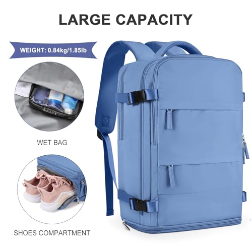 Image of coowoz Large Travel Backpack For Women Men,Carry On Backpack Flight Approved,Hiking Backpack Outdoor Rucksack Casual Daypack Fit 15.6 Inch Laptop Shoes Compartment (Sky Blue L)