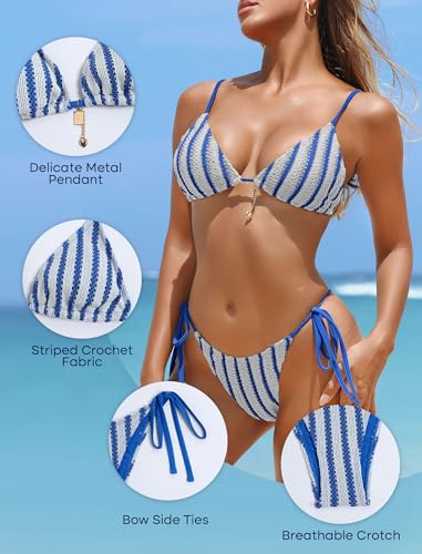 ZAFUL Blue and White Striped Crochet Tie Bikini Sets for Women Cheeky Two Piece Bathing Suits Brazilian High Cut Knit Swimsuit for Vacation Resort Wear — view 4