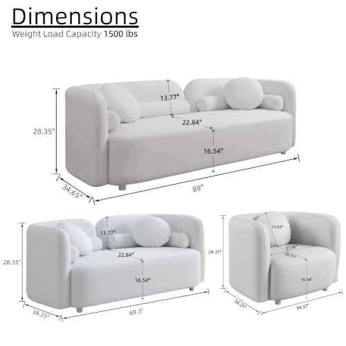 Image of Curved Couch Set for Living Room, 3 Piece Boucle Sofa & Loveseat Set with Accent Chair, Deep Seat Modern Sofa Set, Minimalist Upholstered Living Room Furniture Set for Home Apartment Office, White