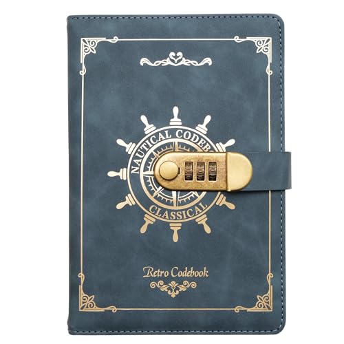 Image of STORE 2508 Vintage Finish Lock Diary with 3-Digit Metal Combination Lock | A5 Retro Codebook Journal | PU Leather Notebook with 230 Pages | Secret Password Diary for Writing Notes Gifts (Blue Retro)
