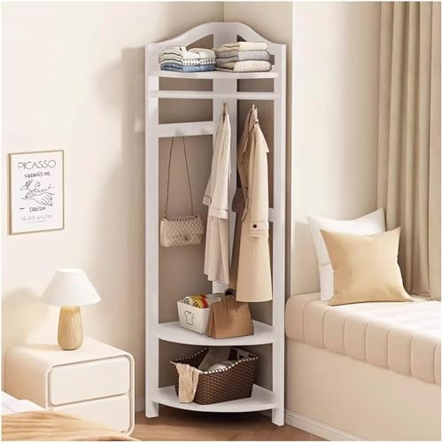 Árbol de pasillo de esquina con almacenamiento de zapatos y perchero de madera independiente para entrada con estante, elegante perchero esquinero para almacenamiento de zapatos y accesorios