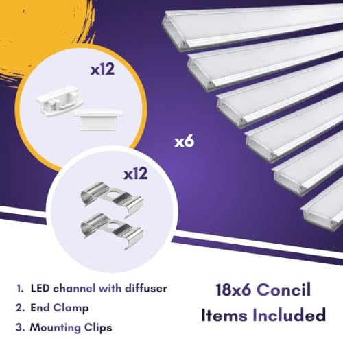 Image of Lighting 18x6mm LED Strip Lights 1 Meter Aluminium Rectangular Concealed Profile Light Channels with Diffused Cover, End Caps and Mounting Clips Without LED Straight Linear, (Pack of 6)